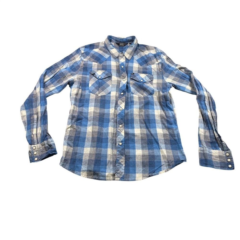 Salt Valley Western Blue Plaid Pearl Snap Shirt Large Cotton Blend